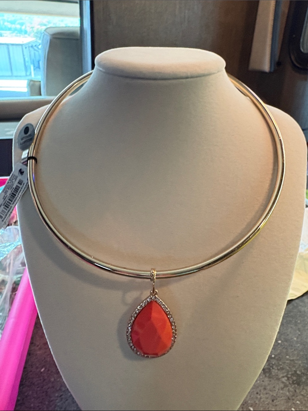 INC International Concepts Gold Collar Necklace with Coral Teardrop Pendant